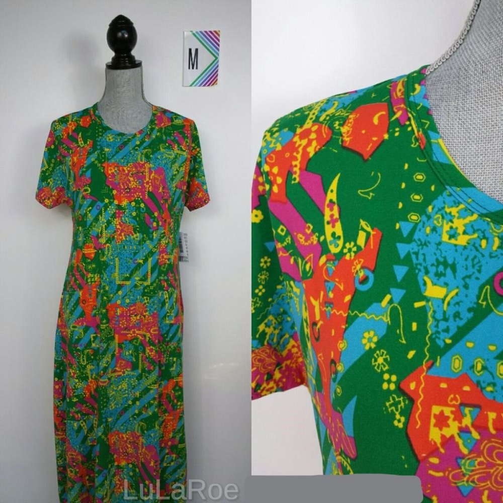 NWT LuLaRoe Maria Dress Medium - Green, Blue, Yellow & Purple Design